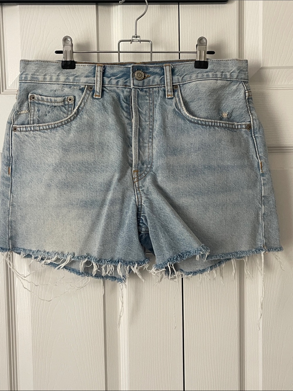 Zara Relaxed Fit Light Wash Denim Frayed Hem Shorts